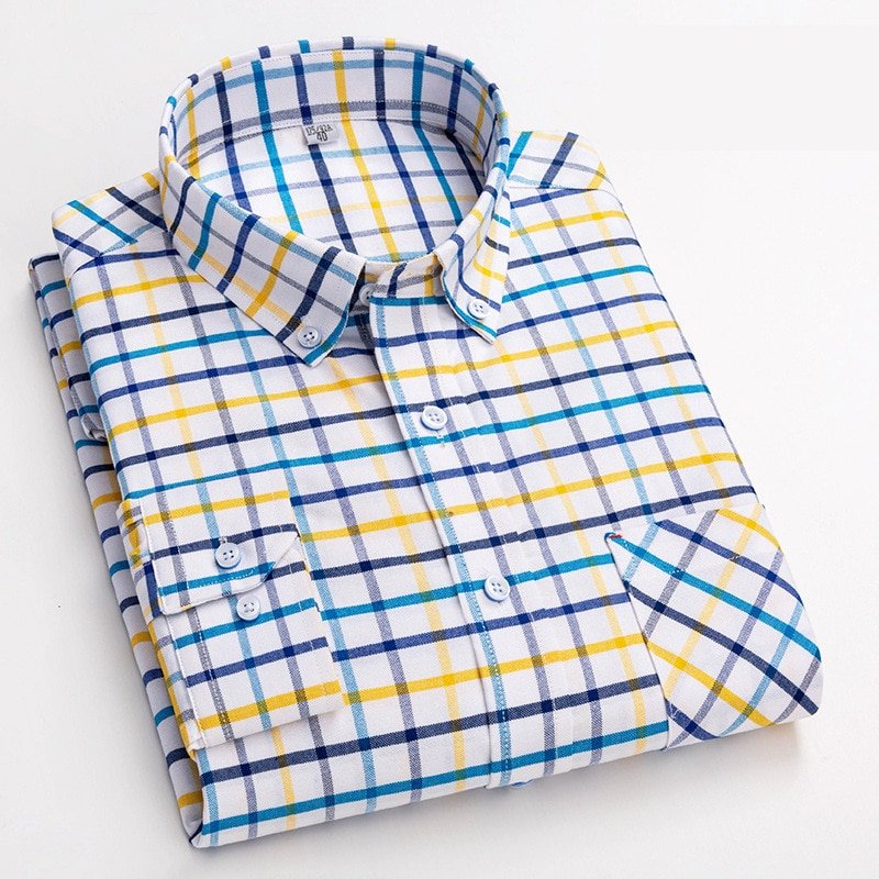 S50a10b7b81e248959a1a8d4f9ce624b7r.jpg Men's Plaid Shirt | Pure Cotton Oxford Casual Long Sleeve Button-Down - Korean Fashion Trends - Image 1