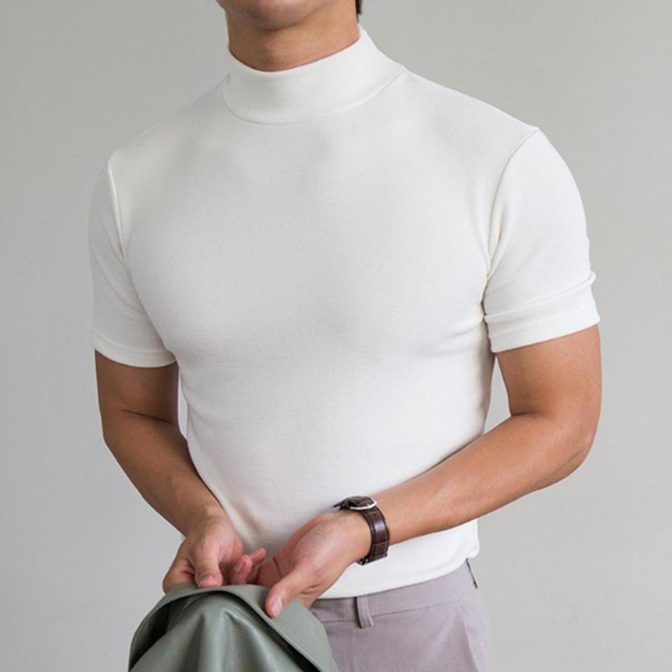 S5acb21e14f884e20942ac75f9aeca4c1M.jpg_960x960.jpg Men's Summer Fitness Short Sleeve Tee | Half High Collar Solid Basic T-Shirt - Image 1
