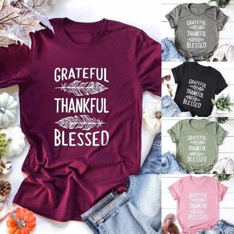 S90b4066f061d487f87b48670c0d234eaE.jpg Short Sleeve O-Neck Loose Fit Tee | Grateful Thankful Blessed Feather Print Women’s T-Shirt - Image 1