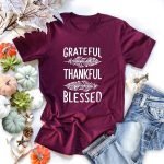 Short Sleeve O-Neck Loose Fit Tee | Grateful Thankful Blessed Feather Print Women’s T-Shirt - Image 5