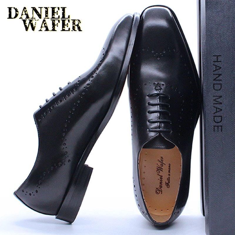 H9937f2798c1a4b1cb9e151440a6b14cd8.jpg Men's Oxford Brogue Shoes | Genuine Leather Wing Tip Lace-Up Formal Shoes in Black & Brown - Image 1