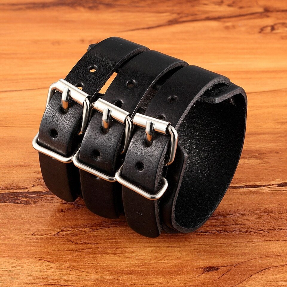 HTB1nQfDV4jaK1RjSZKzq6xVwXXa2.jpg_960x960.jpg TYO Classic Men's Adjustable Leather Cuff Bracelet – Three Layer Punk Rock Jewelry in Black/Brown - Image 1