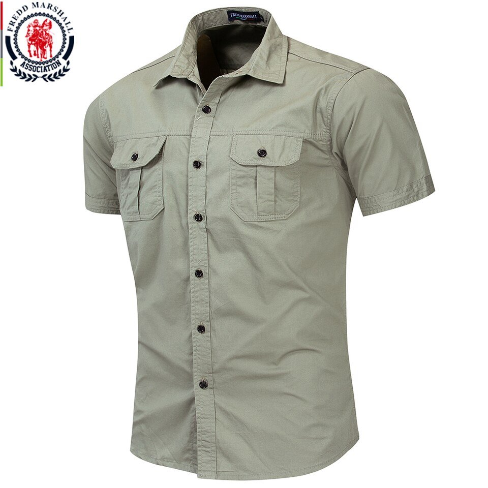 HTB1wCVnXhiH3KVjSZPfq6xBiVXaR.jpg_960x960.jpg Fredd Marshall Men's Military Shirt – Short Sleeve 100% Cotton Cargo Work Shirt - Image 1