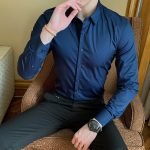 Men's Fashion Cotton Long Sleeve Shirt – Solid Slim Fit Casual Business Dress in White and Black - Image 7