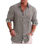 Men's Cotton Linen Long-Sleeved Shirt – Stand-Up Collar Solid Color Beach Style