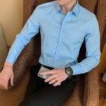 Men's Fashion Cotton Long Sleeve Shirt – Solid Slim Fit Casual Business Dress in White and Black - Image 9