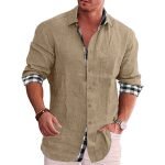 Men's Cotton Linen Long-Sleeved Shirt – Stand-Up Collar Solid Color Beach Style - Image 3