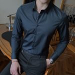 Men's Fashion Cotton Long Sleeve Shirt – Solid Slim Fit Casual Business Dress in White and Black - Image 10