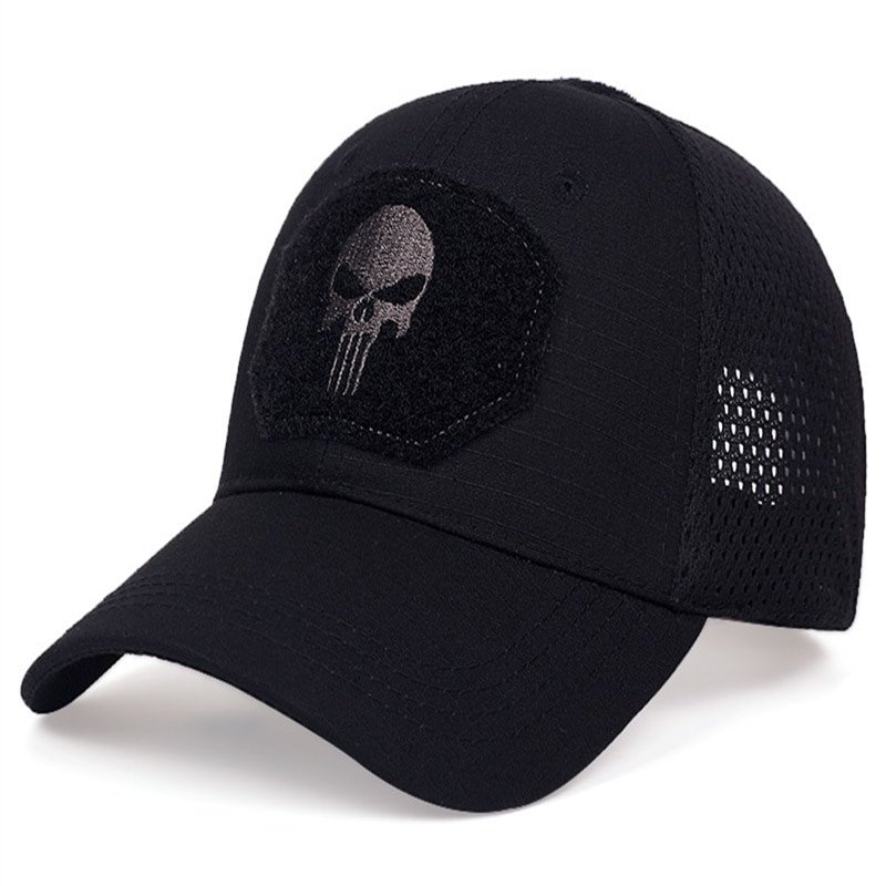 Sa002ecf076ed457f8615475e194ae24bp.jpg Skull Tactical Military Airsoft Cap – Adjustable Breathable Mesh Sun Visor Trucker Hat - Image 1