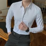 Men's Fashion Cotton Long Sleeve Shirt – Solid Slim Fit Casual Business Dress in White and Black