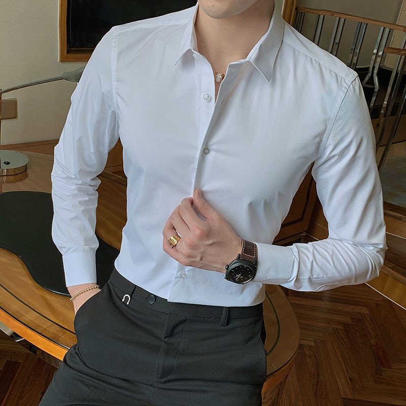 Sef0acc0382c44abd91d53479b8682cefP.jpg Men's Fashion Cotton Long Sleeve Shirt – Solid Slim Fit Casual Business Dress in White and Black - Image 1