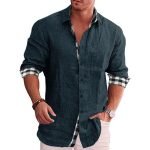 Men's Cotton Linen Long-Sleeved Shirt – Stand-Up Collar Solid Color Beach Style - Image 7