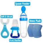 Pack of 4 Baby Essentials | Silicone Spoon Feeder, Fruit Pacifier, Knee Pads & U-Shape Brush