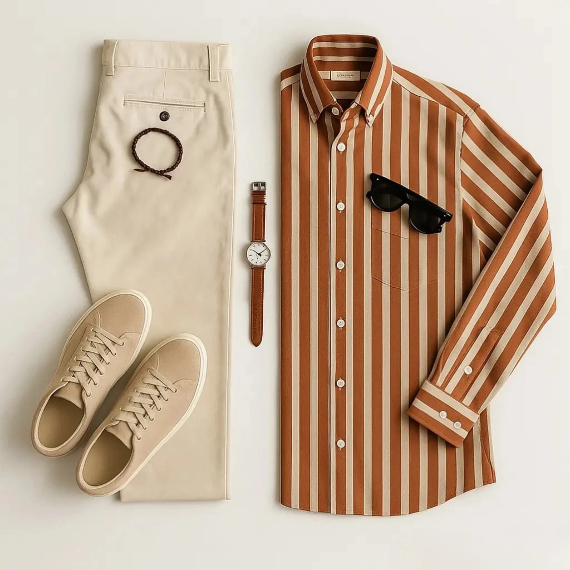 Casual Style Bundle Men's Ultimate Casual Style Bundle: Striped Shirt, Chinos & Sneakers (Free Watch, Bracelet & Sunglasses) - Image 1
