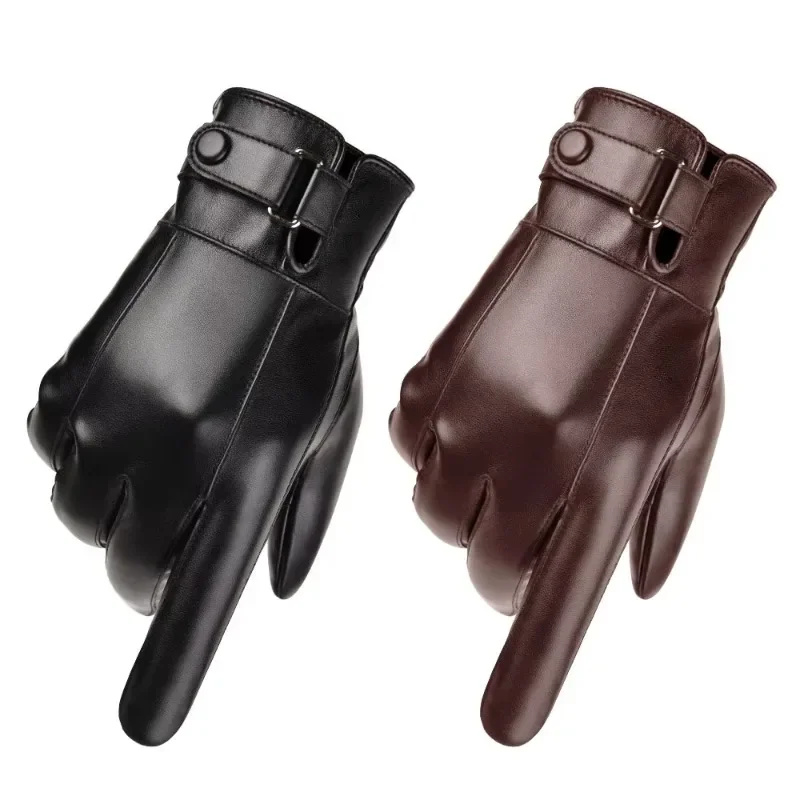 Winter Gloves Men's Genuine Leather Touch Screen Winter Gloves - Warm Plus Velvet Lining, Driving/Cycling, Adjustable Cuff - Image 1
