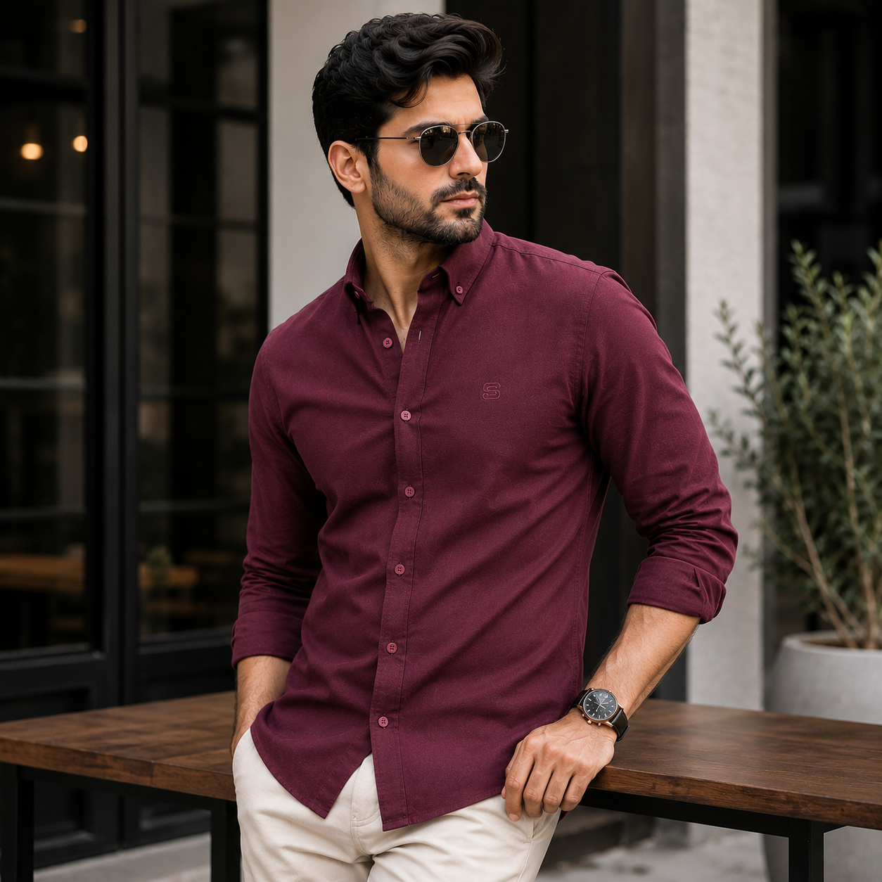 mens-maroon-oxford-casual-shirt-front-view Men wearing premium maroon oxford casual slim fit shirt for men