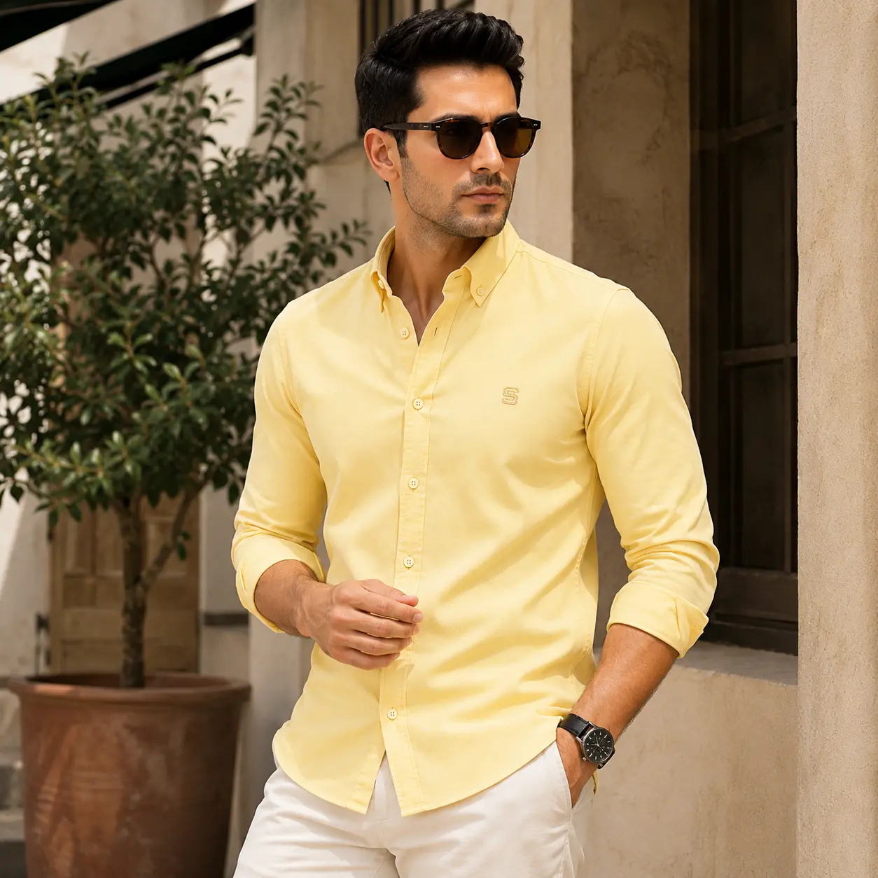 mens-yellow-oxford-shirt-front Men wearing premium yellow Oxford shirt